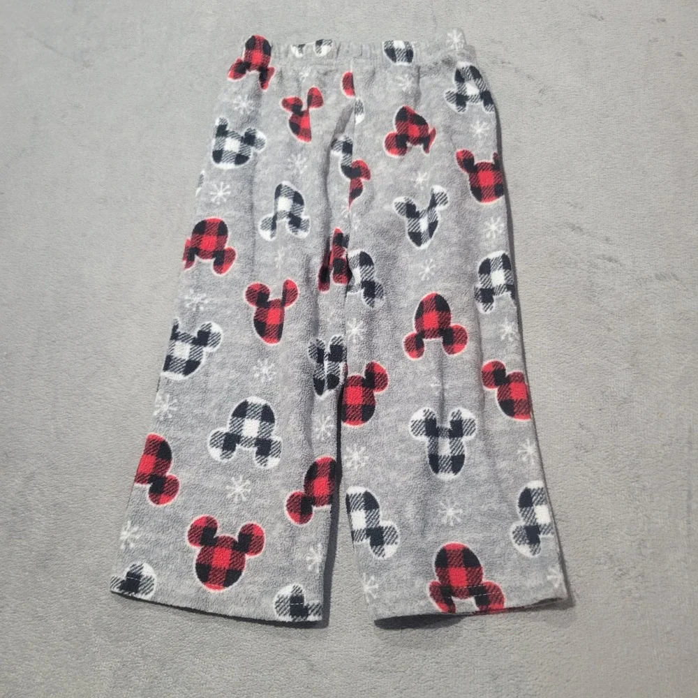 Disney Pajama Pants Kids 3T Gray Mickey Mouse Buffalo Plaid Fleece Holiday Sleep